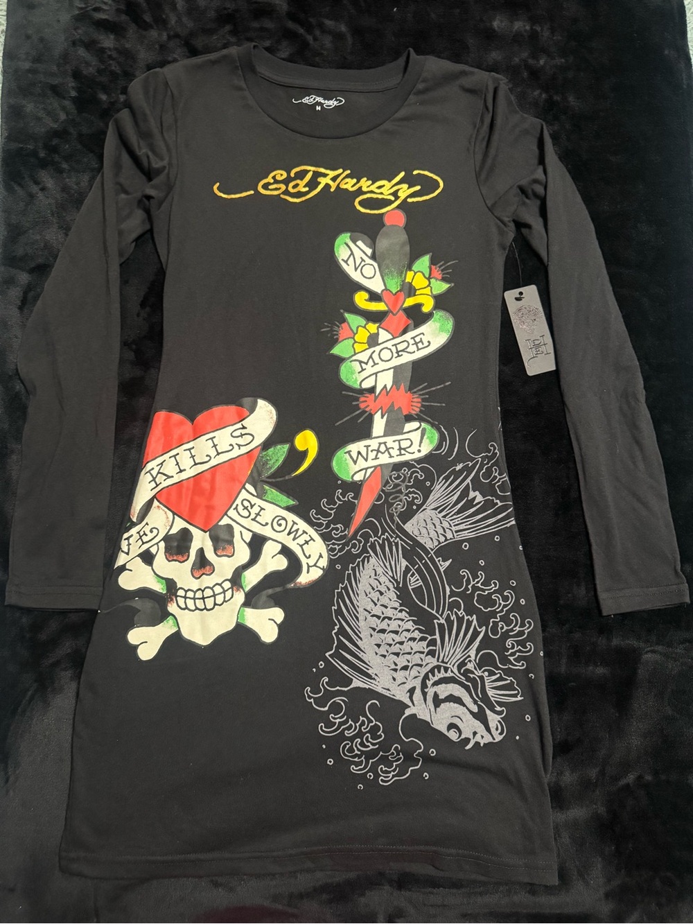 NWT Ed Hardy Black Tee with Colorful Tattoo Heart Graphic